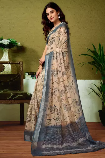 pre-stitched green and cream linen zari screen printed casual and work saree