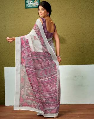 ready made off-white and mauve linen zari screen printed zari saree 2