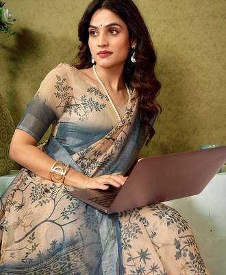 pre-stitched green and cream linen zari screen printed casual and work saree 4