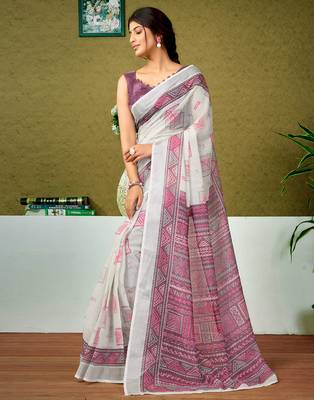 ready made off-white and mauve linen zari screen printed zari saree 3