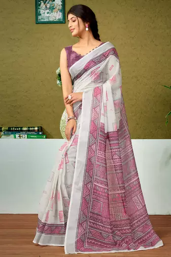 ready made off-white and mauve linen zari screen printed zari saree