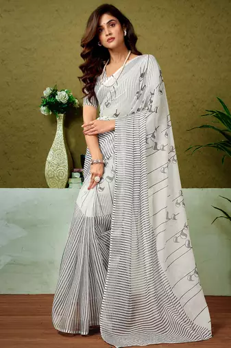 Black and off-white linen zari screen printed casual and work ready to wear saree with blouse
