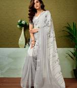 ready to wear black and off-white linen zari screen printed casual and work saree with blouse