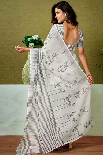 ready to wear black and off-white linen zari screen printed casual and work saree