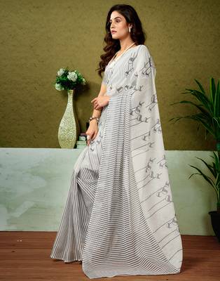 ready to wear black and off-white linen zari screen printed casual and work saree 3