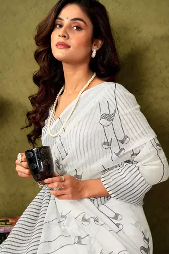 ready to wear black and off-white linen zari screen printed casual and work saree