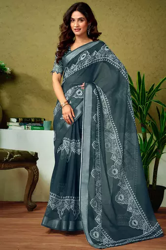 Grey and white linen zari screen printed casual and work ready to wear saree with blouse