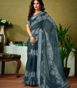 ready to wear grey and white linen zari screen printed casual and work saree with blouse
