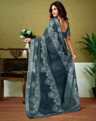 pre draped grey and white linen zari screen printed casual and work saree 2