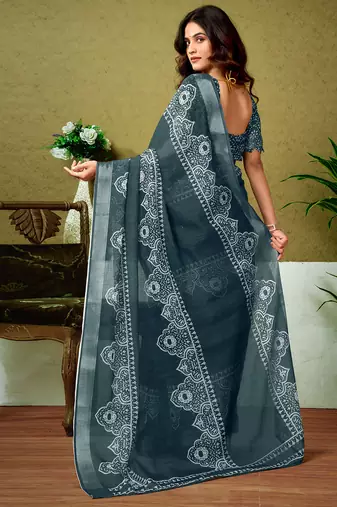 pre draped grey and white linen zari screen printed casual and work saree