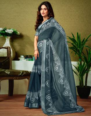 pre draped grey and white linen zari screen printed casual and work saree 3