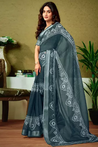 pre draped grey and white linen zari screen printed casual and work saree