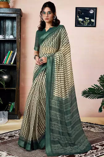 Green and beige linen zari screen printed, with pocket ceremony, party and festive ready to wear saree with blouse
