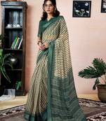 ready to wear green and beige linen zari screen printed, saree with blouse