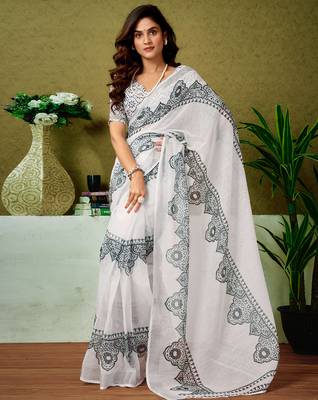 ready made white and black linen zari screen printed casual and work saree 1