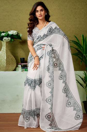 White and black linen zari screen printed casual and work ready to wear saree with blouse
