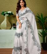 ready to wear white and black linen zari screen printed casual and work saree with blouse