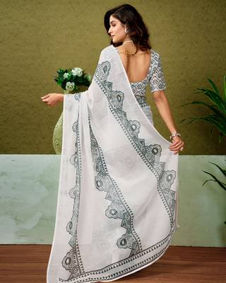 ready made white and black linen zari screen printed casual and work saree 2