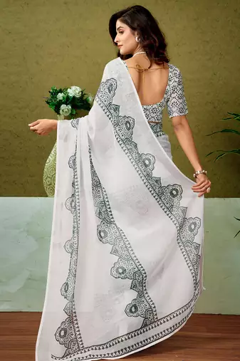 ready made white and black linen zari screen printed casual and work saree