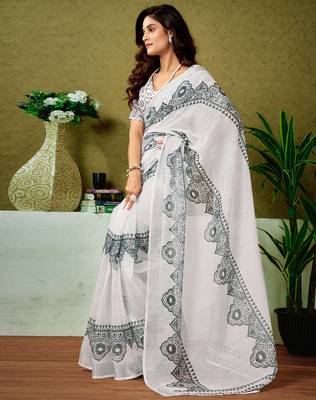 ready made white and black linen zari screen printed casual and work saree 3