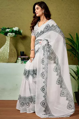 ready made white and black linen zari screen printed casual and work saree