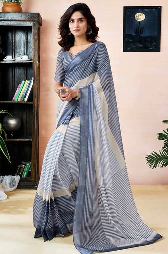 Grey and white linen zari screen printed pocket work ceremony, party and festive ready to wear saree with blouse