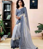 ready to wear grey and white linen zari screen printed saree with blouse