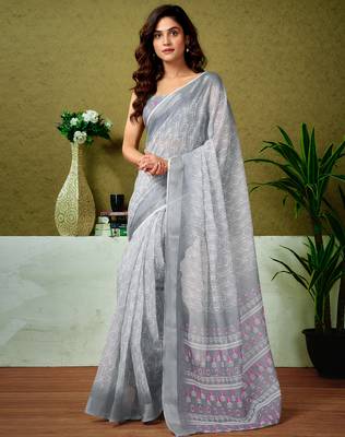pre-stitched grey and white linen zari screen printed casual and work saree 1