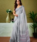 ready to wear grey and white linen zari screen printed casual and work saree with blouse