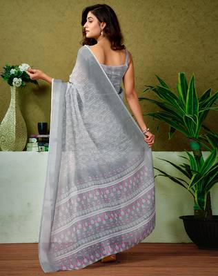 pre-stitched grey and white linen zari screen printed casual and work saree 2