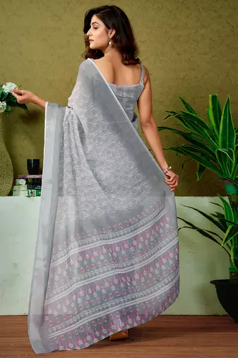 pre-stitched grey and white linen zari screen printed casual and work saree
