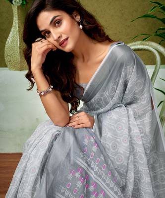 pre-stitched grey and white linen zari screen printed casual and work saree 4