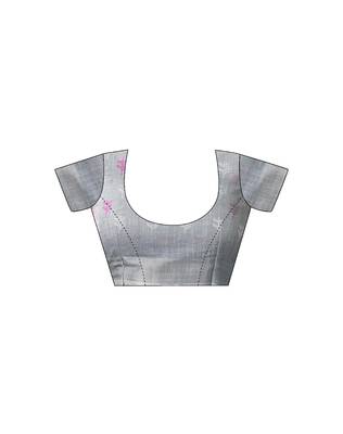 pre-stitched grey and white linen zari screen printed casual and work saree 5