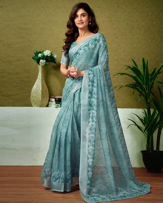 ready to wear blue linen zari screen printed casual and work saree 1