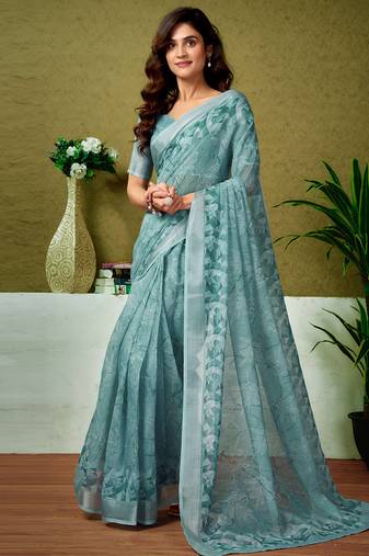 Blue linen zari screen printed casual and work ready to wear saree with blouse