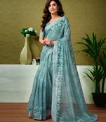 ready to wear blue linen zari screen printed casual and work saree with blouse