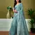 ready to wear blue linen zari screen printed casual and work saree with blouse