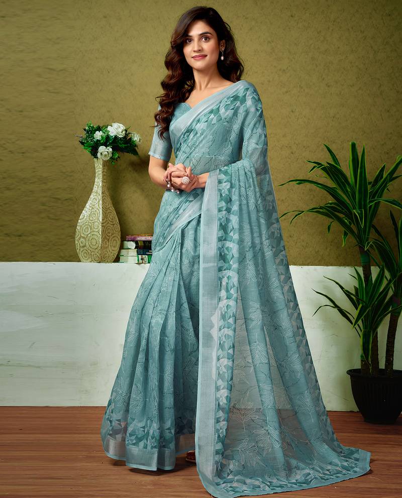 Blue linen zari screen printed casual and work ready to wear saree with blouse