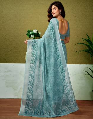 ready to wear blue linen zari screen printed casual and work saree 2