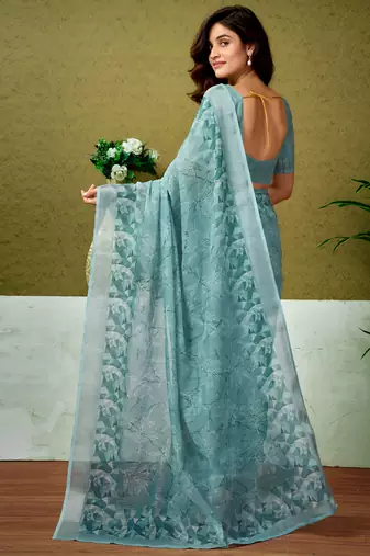 ready to wear blue linen zari screen printed casual and work saree