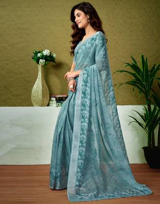 ready to wear blue linen zari screen printed casual and work saree 3