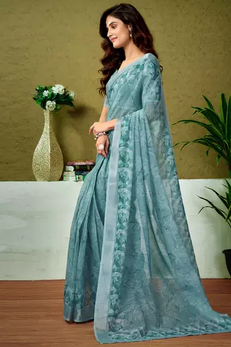 ready to wear blue linen zari screen printed casual and work saree