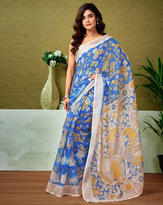 pre draped blue linen zari screen printed casual and work saree 1