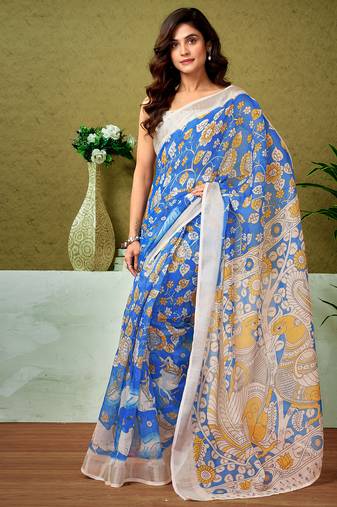 Blue linen zari screen printed casual and work ready to wear saree with blouse