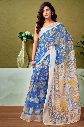 Blue linen zari screen printed casual and work ready to wear saree with blouse