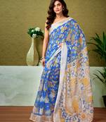 ready to wear blue linen zari screen printed casual and work saree with blouse