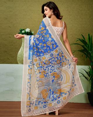 pre draped blue linen zari screen printed casual and work saree 2