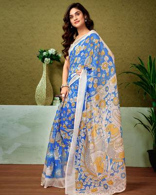 pre draped blue linen zari screen printed casual and work saree 3