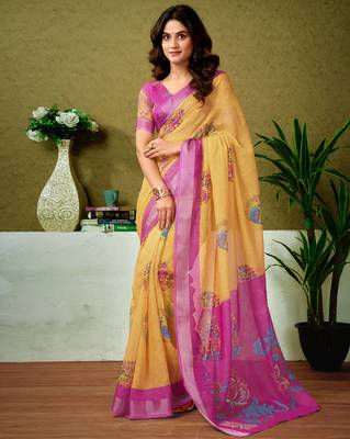 ready made yellow and pink linen zari screen printed casual and work saree 1