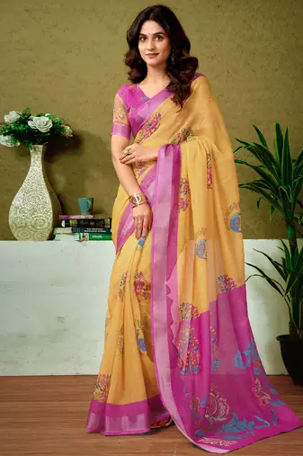Yellow and pink linen zari screen printed casual and work ready to wear saree with blouse